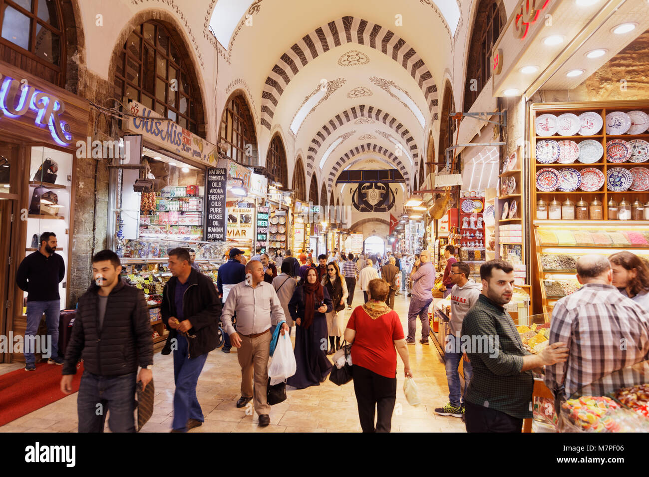 Istanbul, Turkey - October 13, 2017: People in the Spice Bazaar. It's the second largest covered shopping complex in the city after the Grand Bazaar Stock Photo