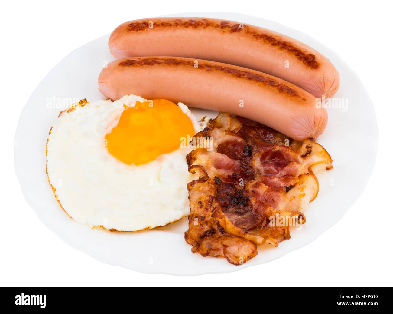 Plate with fried eggs, bacon and sausages on white background Stock ...