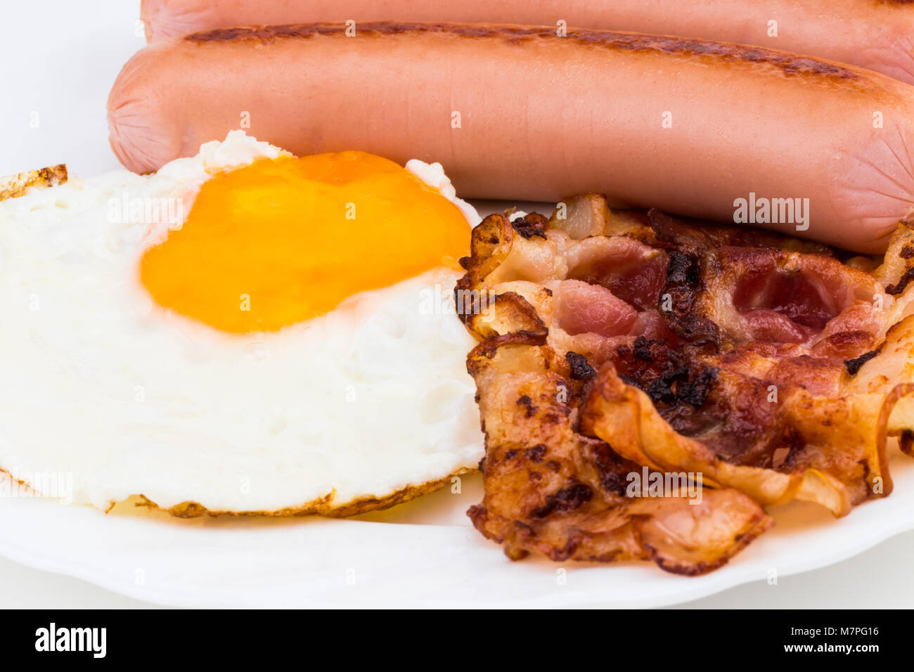 Plate with fried eggs, bacon and sausages on white background Stock ...