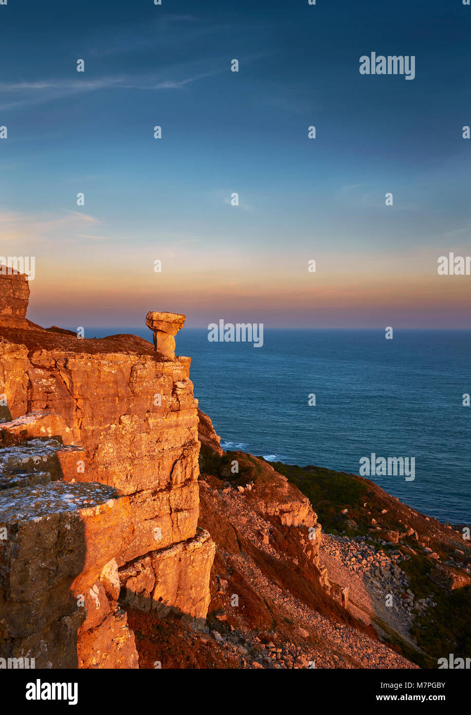 St Aldhelms head at sunset with a sprinkle of snow covering the rocks, Worth Matravers, Swanage, Dorset, England, United Kingdom, Great Britain, UK Stock Photo