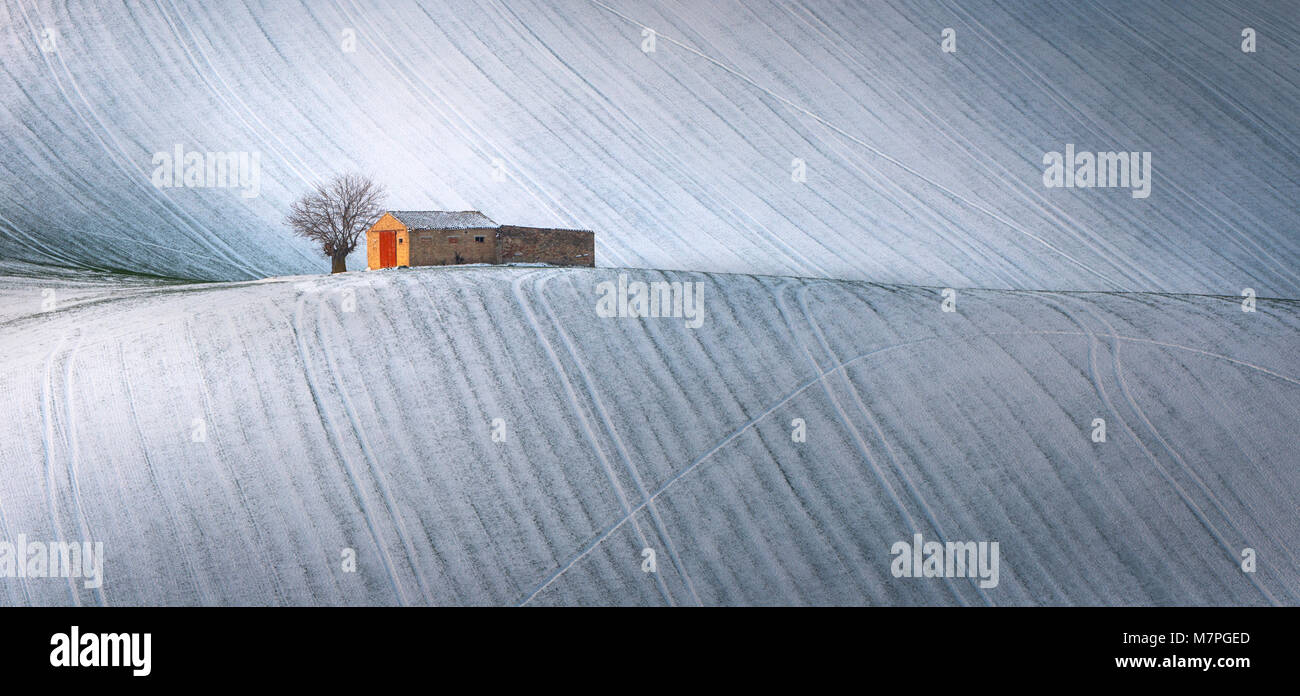 Snowy Coutryside of Macerata district, Marches, Italy Stock Photo