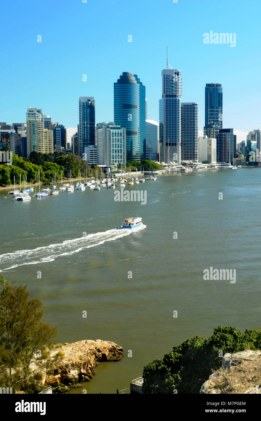 Brisbane City view from Kangaroo Point with modern buildings, river and