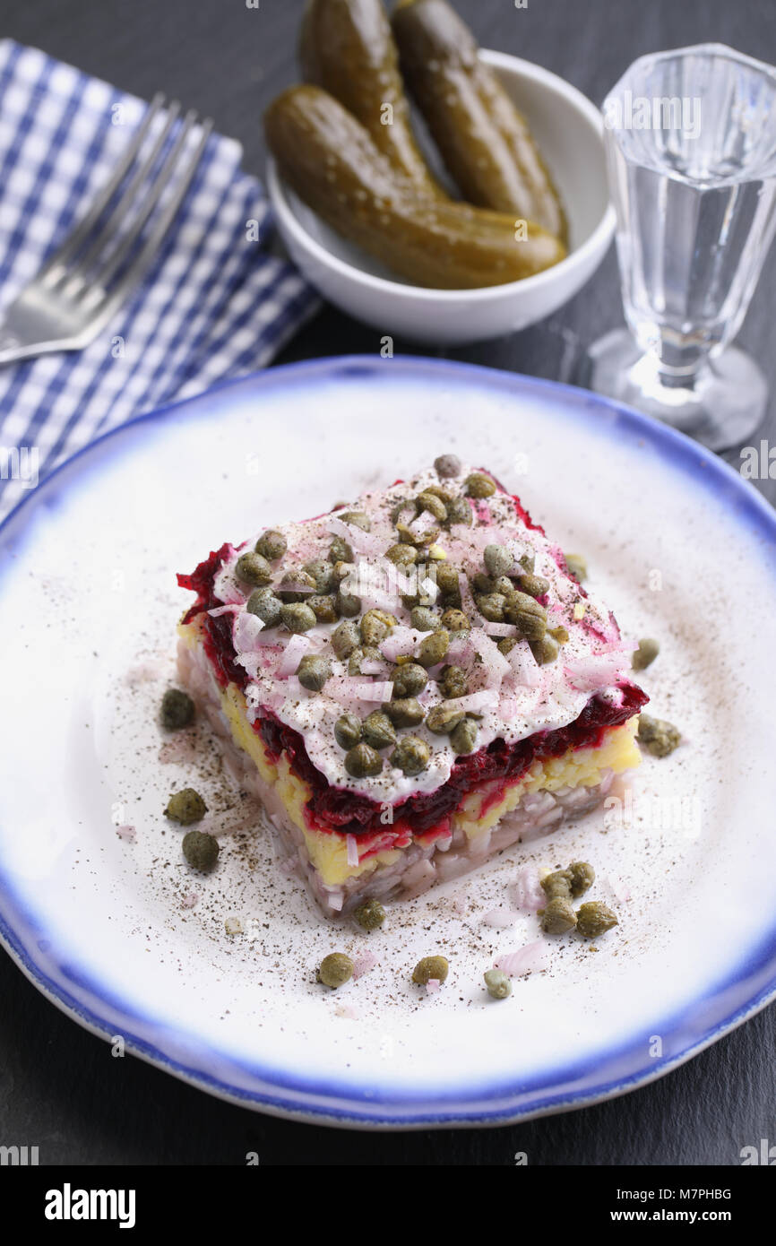 Portion of Dressed Herring salad also known as Herring Under Fur Coat Stock Photo Alamy