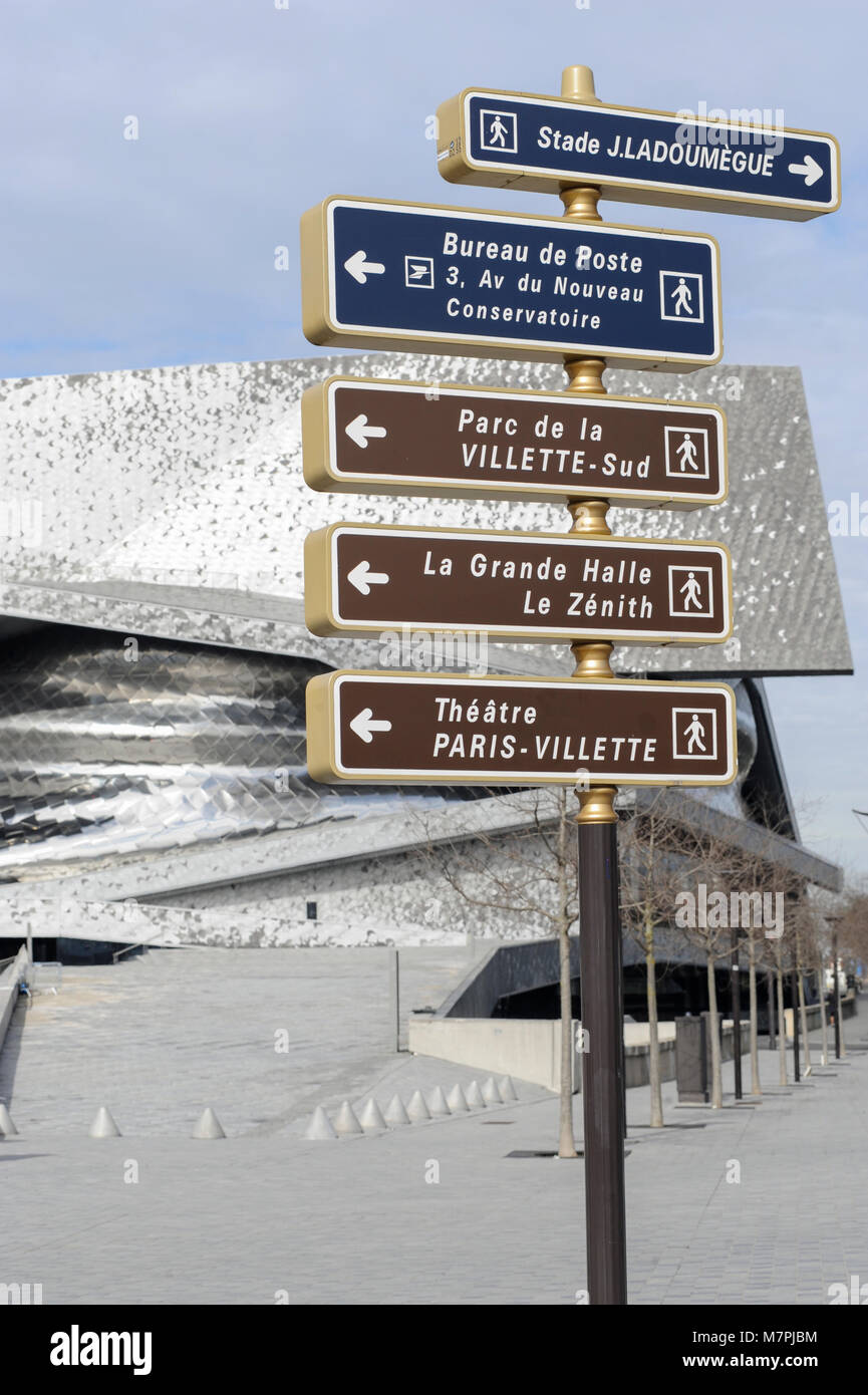 PARIS FRANCE - PHILHARMONIE CITE DE LA MUSIQUE - PARC DE LA VILLETTE - JEAN NOUVEL - BUILDING AND DETAILS - PARIS MUSIC - CONCERT HALL © F.BEAUMONT Stock Photo