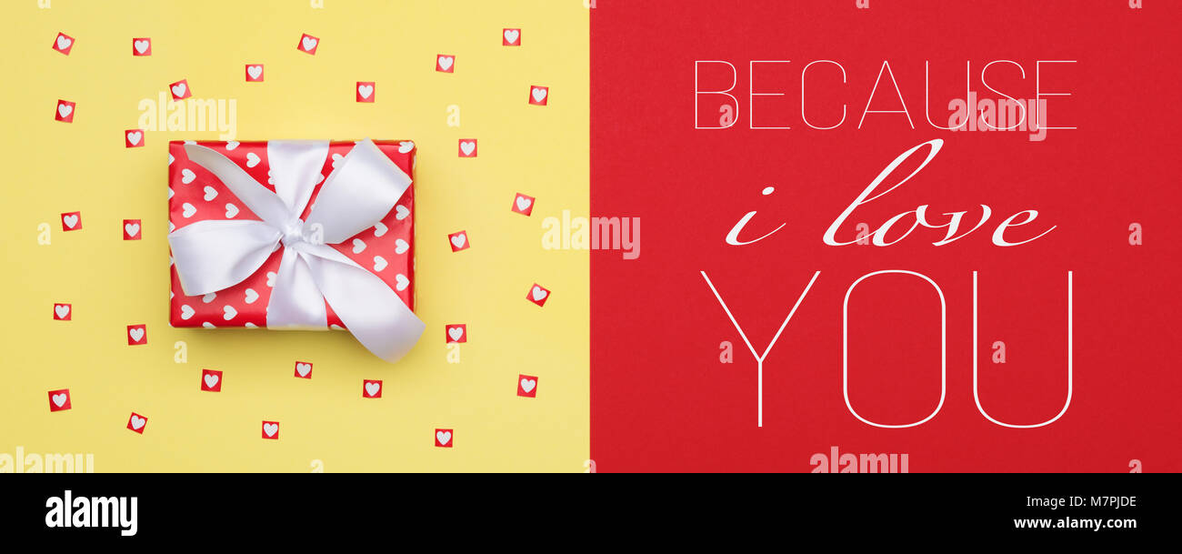 Happy Mother's Day, Valentine's Day, Birthday or Christmas Background. Flat lay minimal web banner concept with beautifully wrapped present. Stock Photo