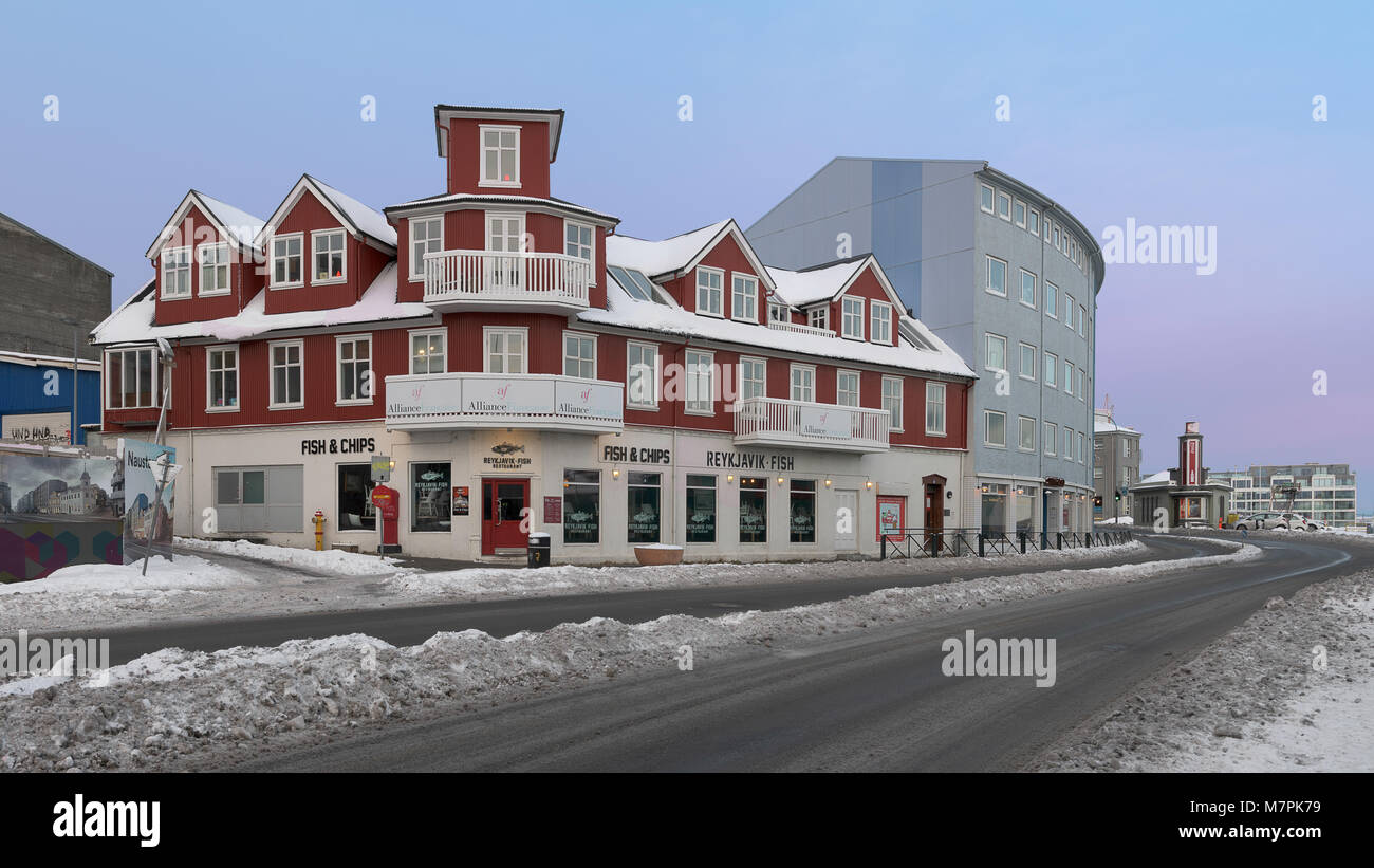 Reykjavik Fish Restaurant at Geirsgata in winter near the Old Harbour