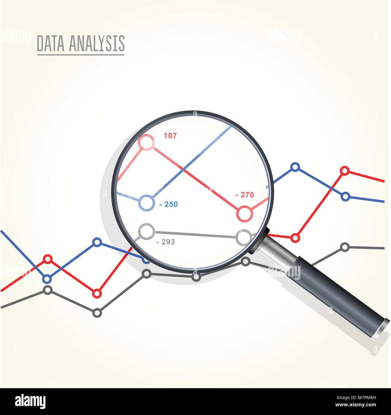 Magnifying glass over charts - data statisics research, stock market analytics Stock Vector