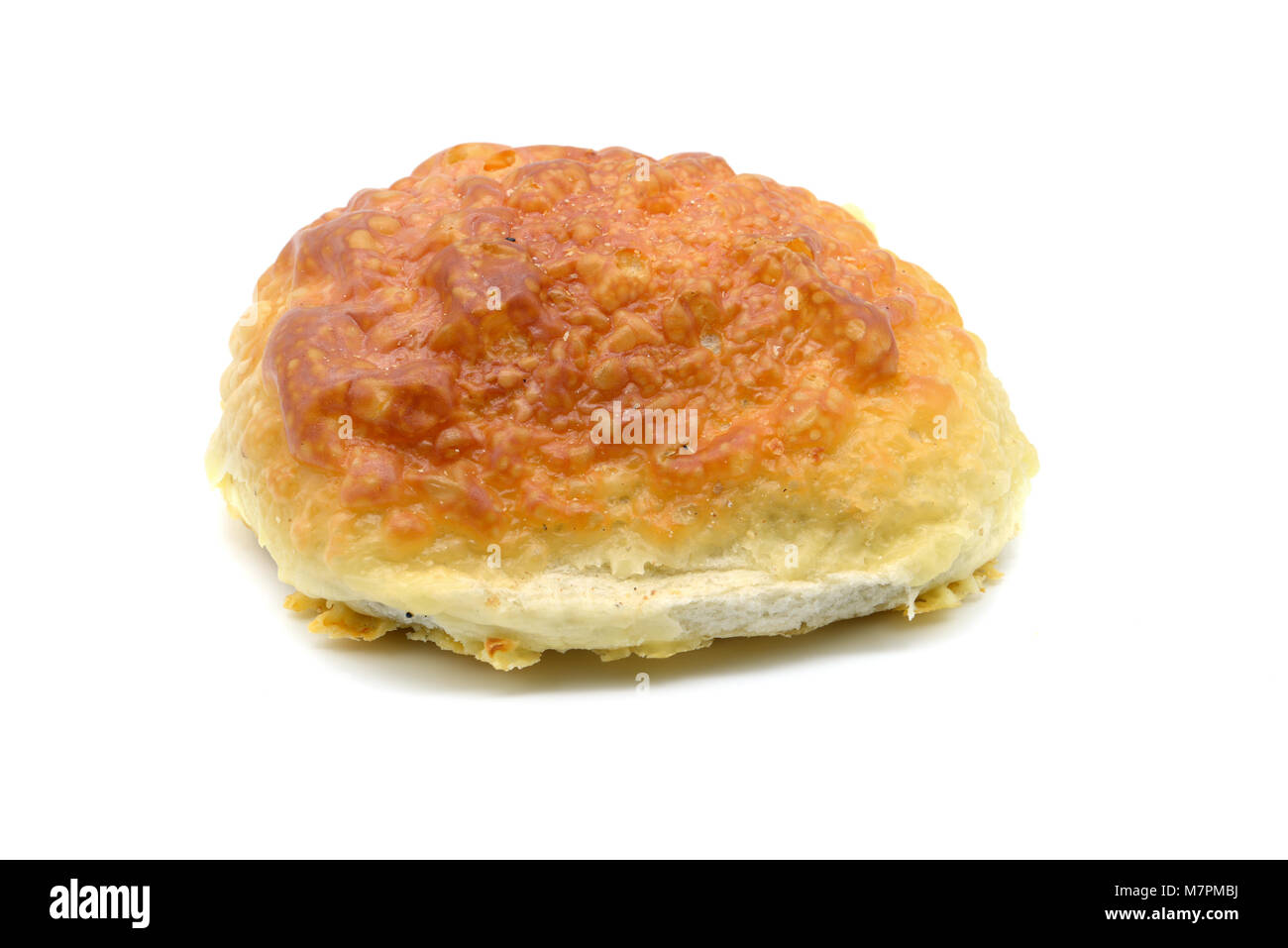 Traditional german cheese bread roll on white isolated background Stock