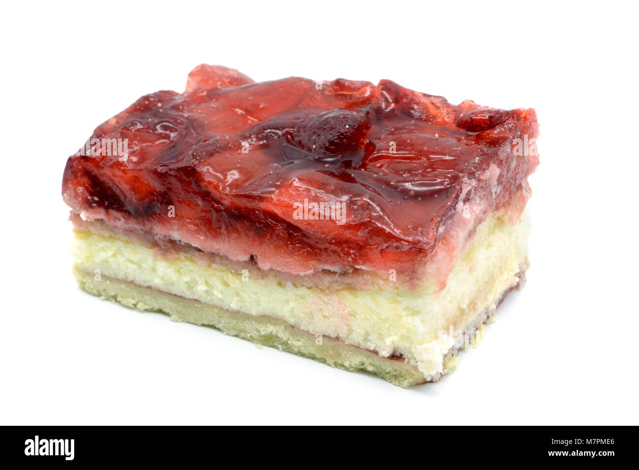 Strawberry cake piece with jelly and quark on isolated white background ...