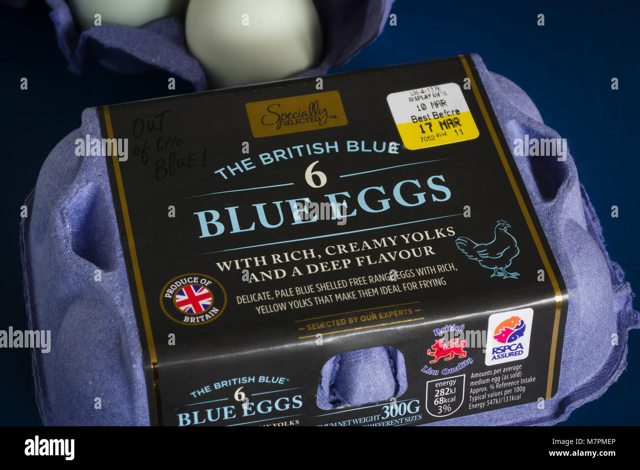 The British Blue hens eggs stocked under the Aldi Specially Selected brand developed and produced in Lincolnshire by LJ Fairburn and Son Stock Photo