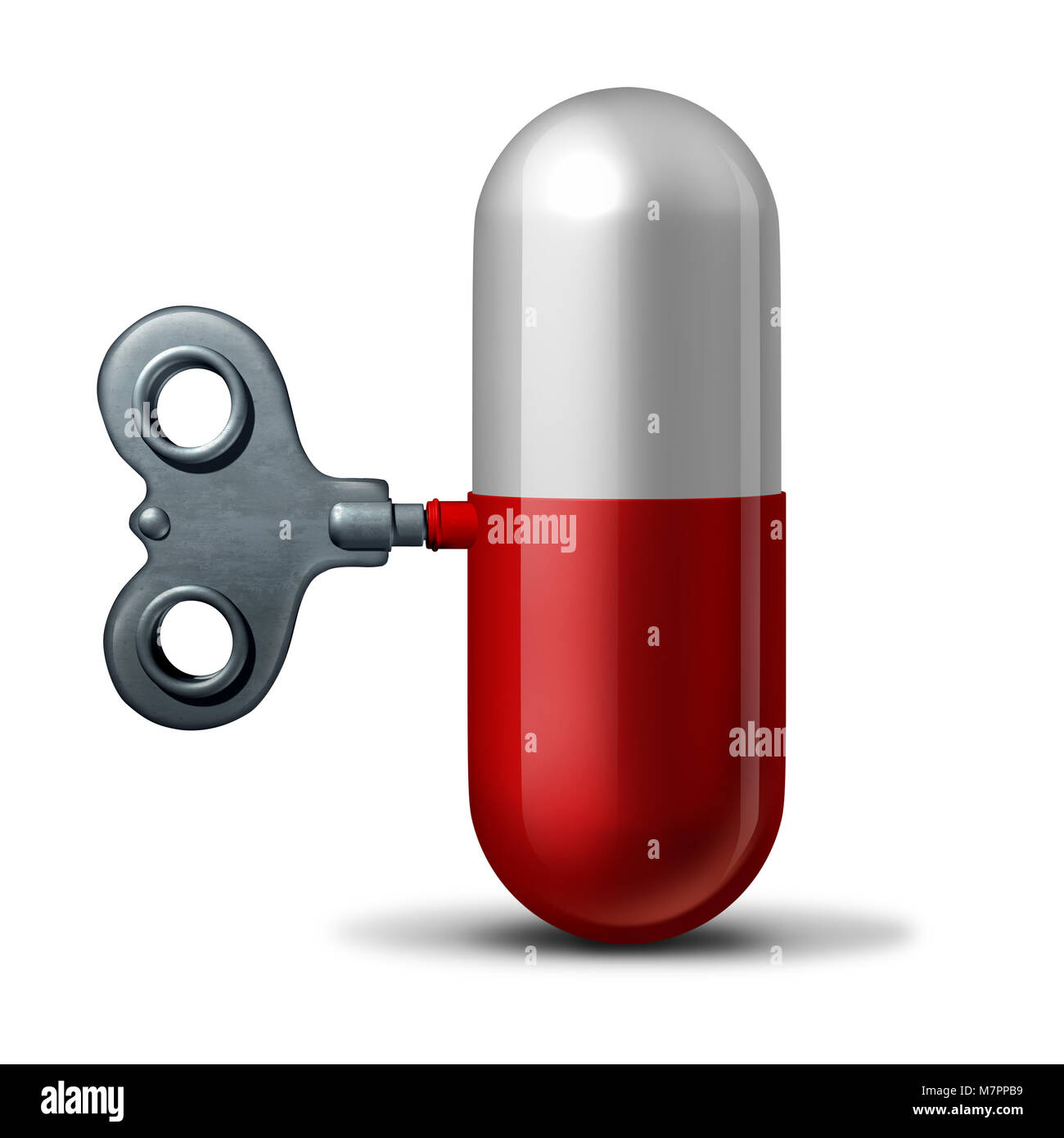 Pharmaceutical and pharmacy industry symbol as a winding key on a medication pill and capsule as a 3D illustration. Stock Photo