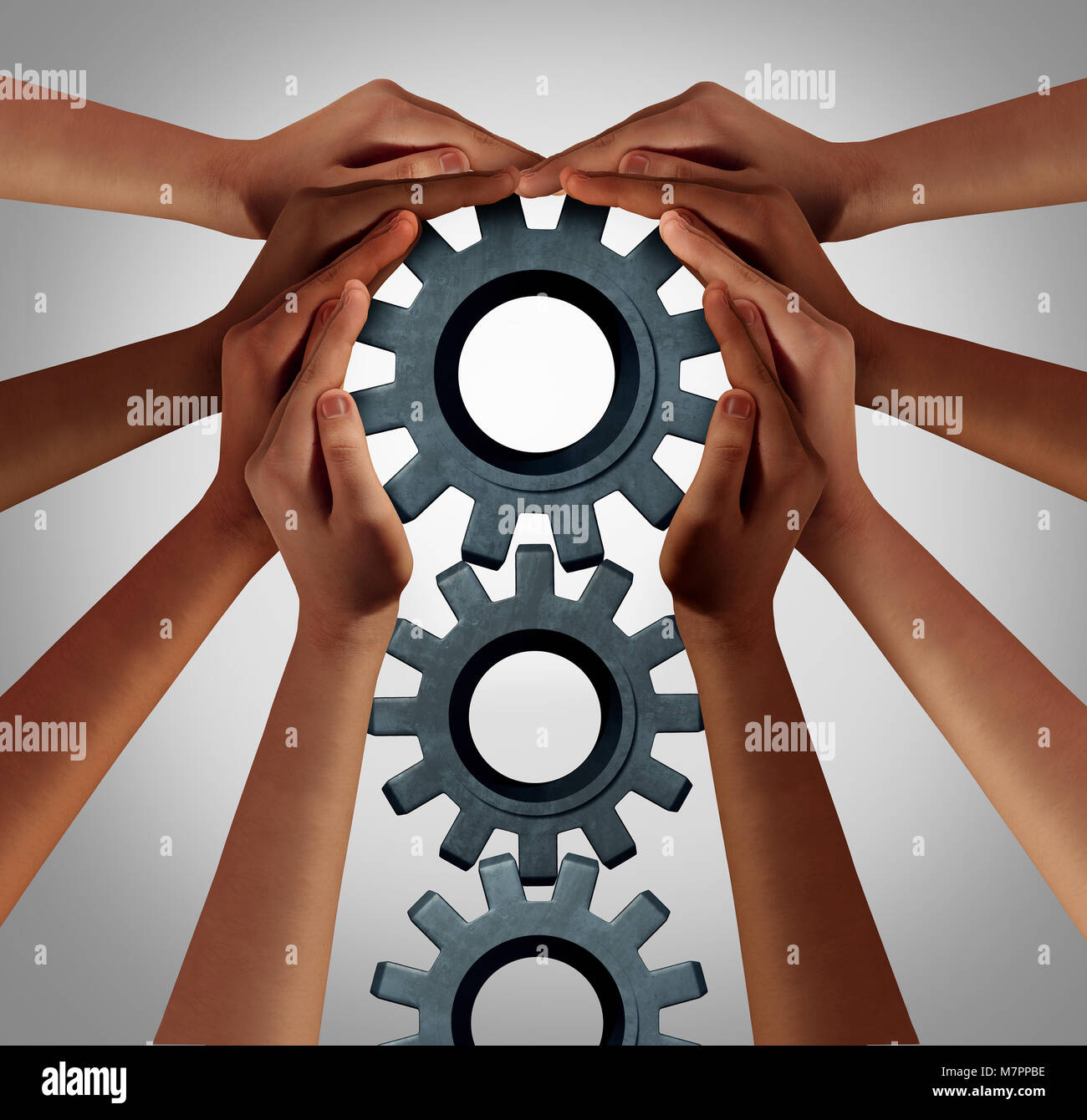 Industry union and business collaboration concept as a team of diverse people turning a group of gears as company workers idea. Stock Photo
