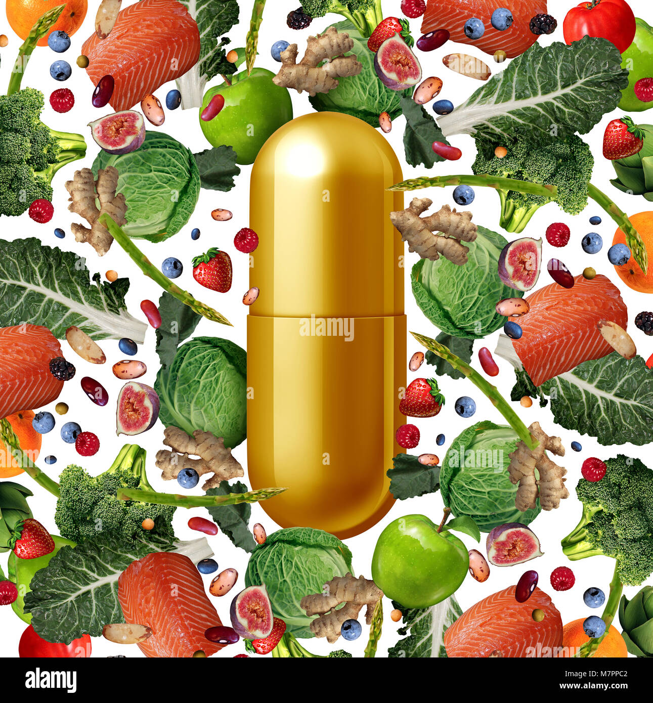 Vitamin supplement and food nutrition pill as a natural nutrient pill with vegetables fruit nuts and beans inside a pharmaceutical capsule. Stock Photo