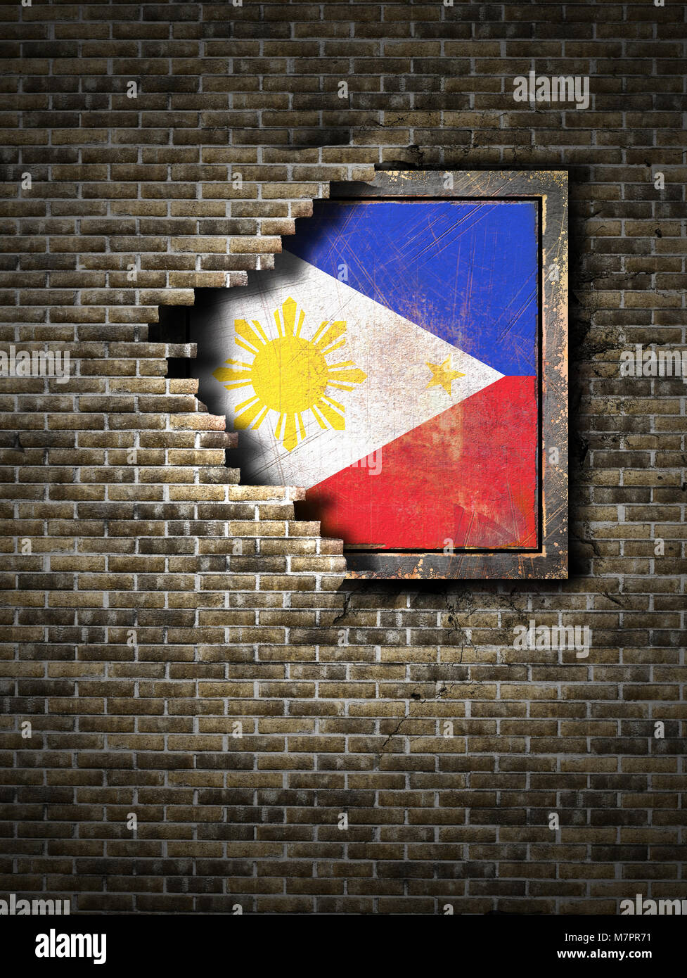 3d rendering of a Philippines flag over a rusty metallic plate embedded ...