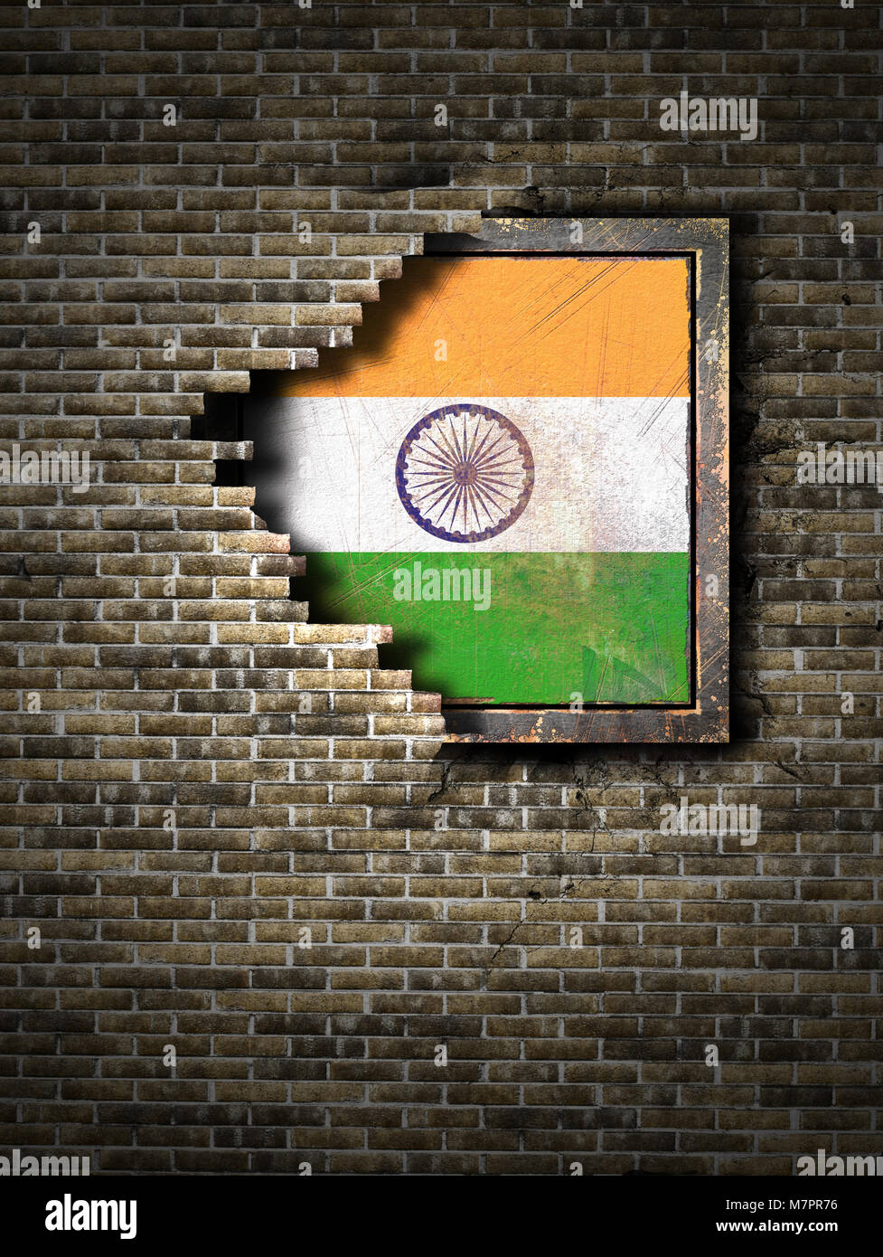 3d rendering of an India flag over a rusty metallic plate embedded on ...