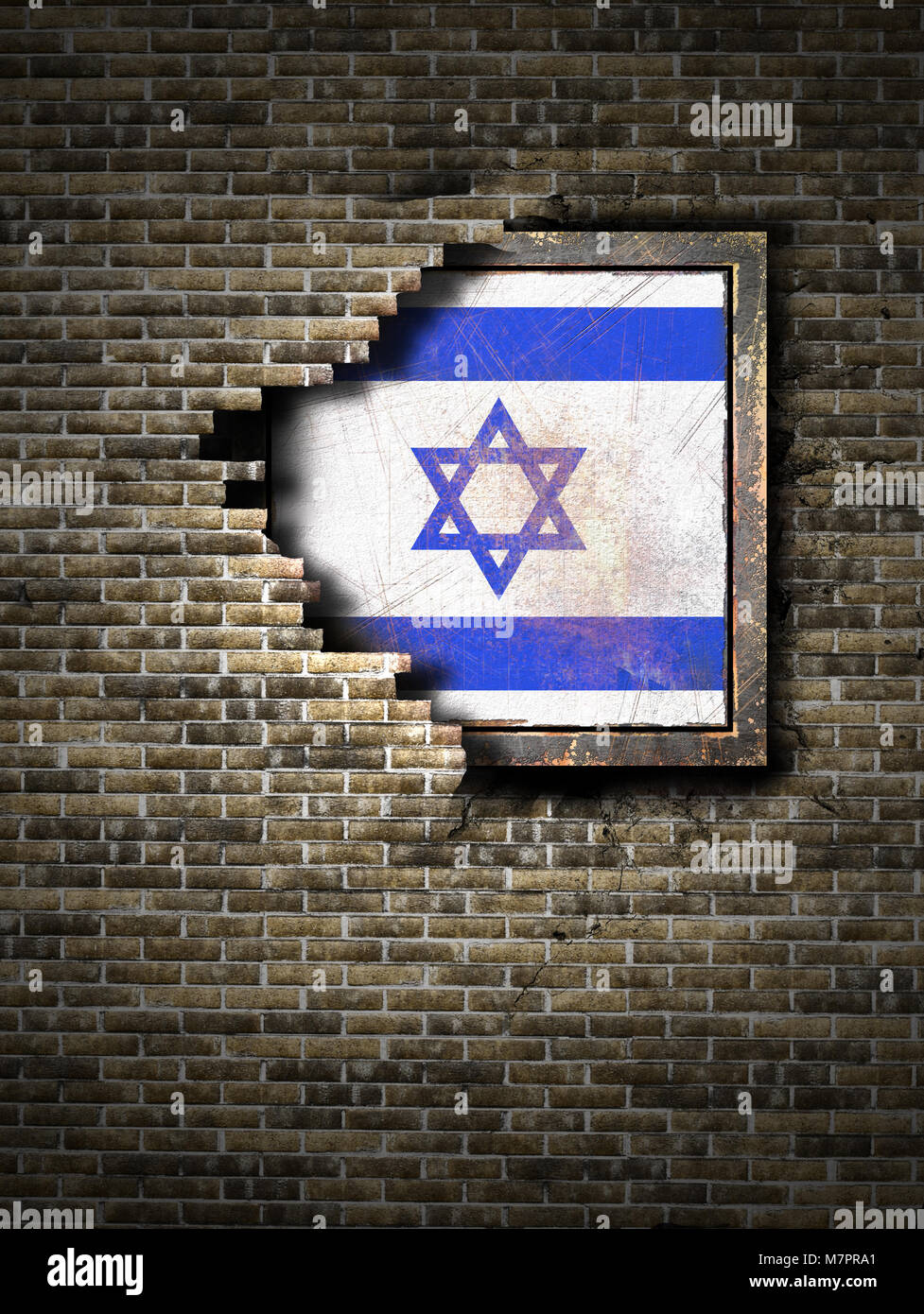 3d rendering of an Israel flag over a rusty metallic plate embedded on ...