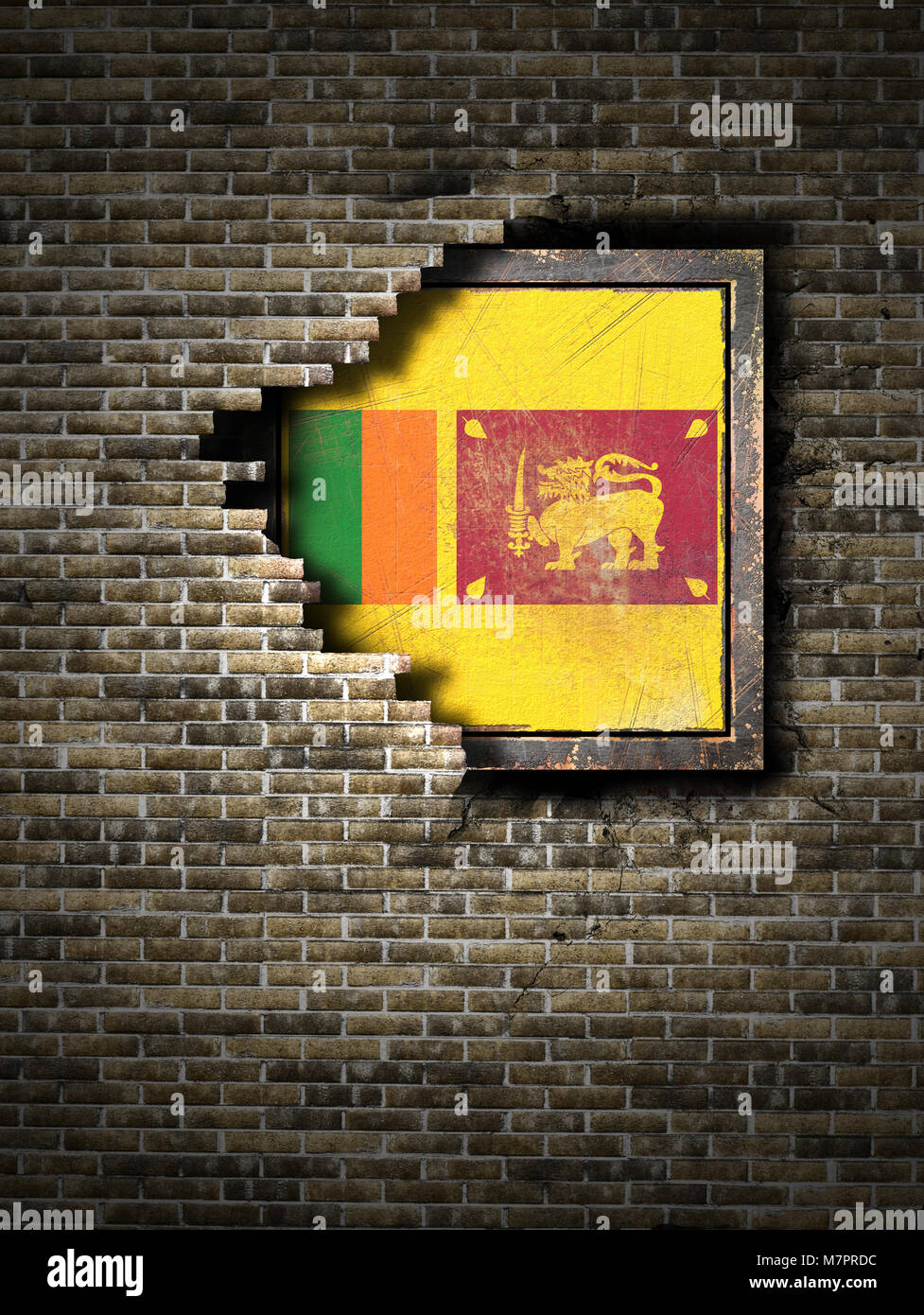 3d rendering of a Sri Lanka flag over a rusty metallic plate embedded ...