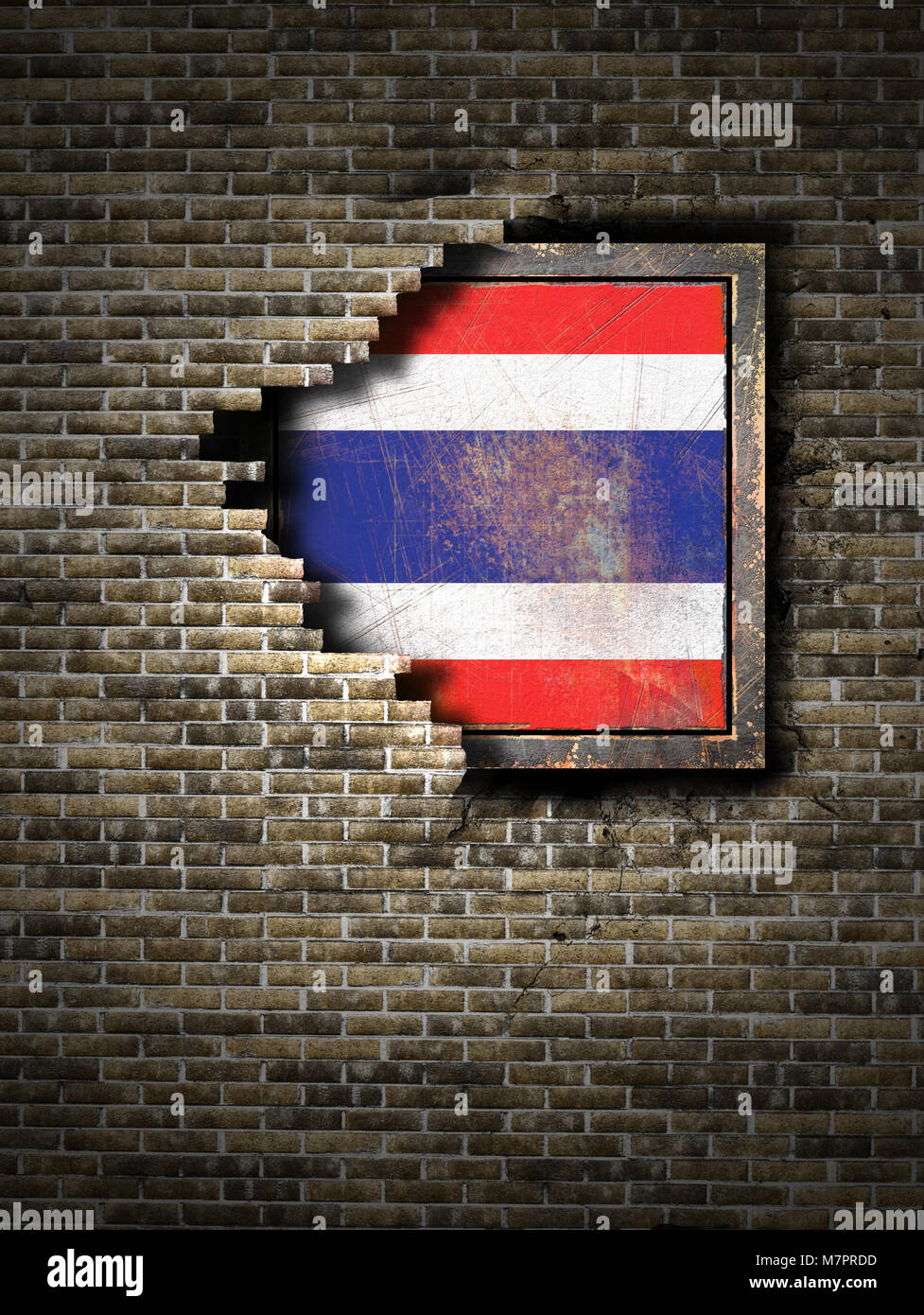 3d rendering of a Thailand flag over a rusty metallic plate embedded on ...