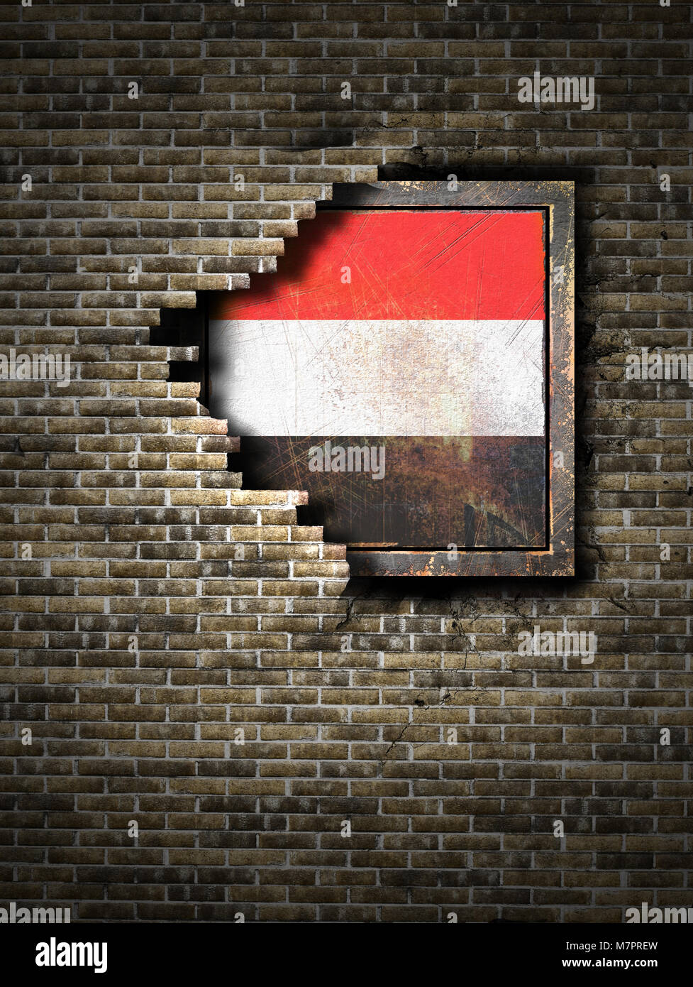 3d rendering of a Yemen flag over a rusty metallic plate embedded on an ...