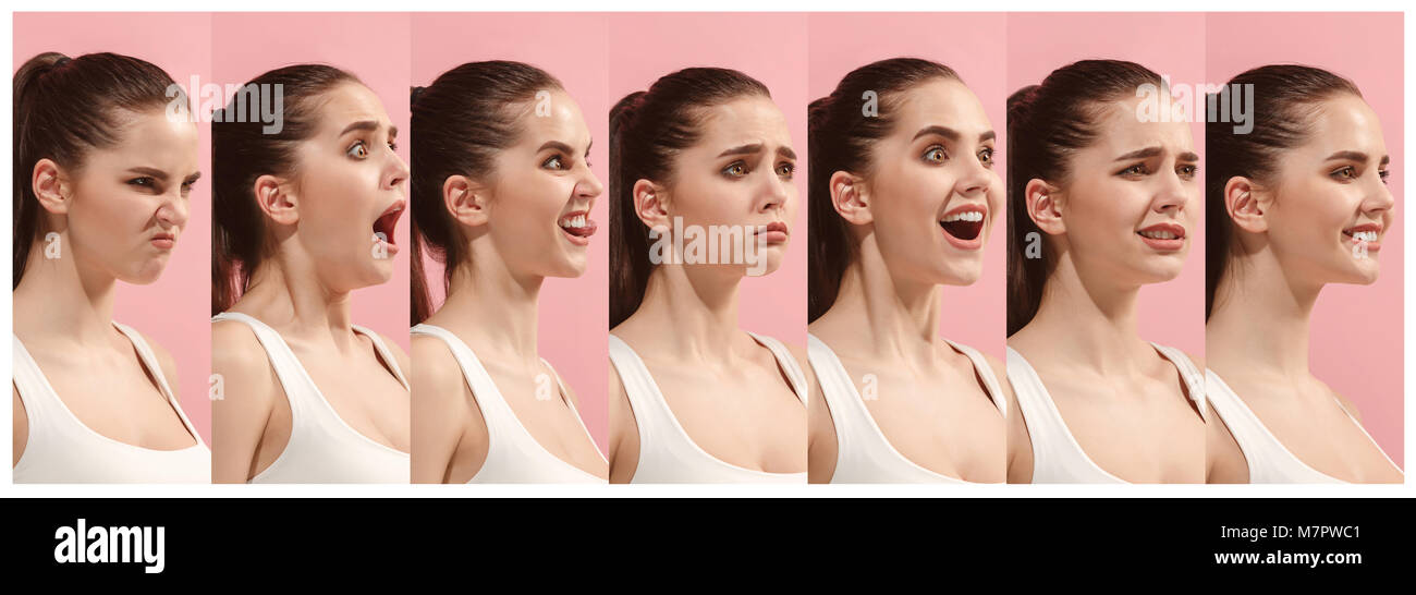 The collage of different human facial expressions, emotions and ...
