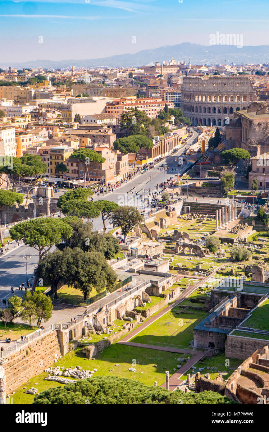 Aerial view of the Roman Forum and Colosseum in Rome, Italy. Rome from above. Stock Photo
