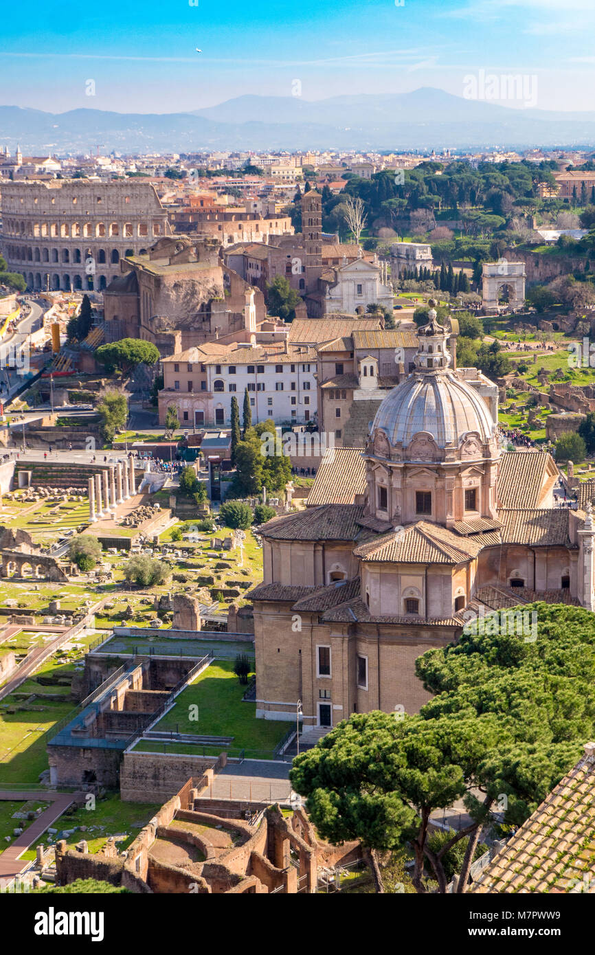 Aerial view of the Roman Forum and Colosseum in Rome, Italy. Rome from above. Stock Photo