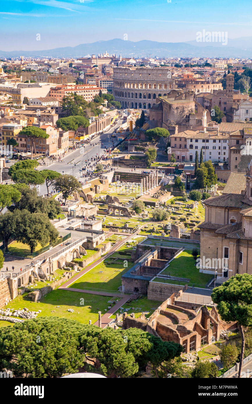 Aerial view of the Roman Forum and Colosseum in Rome, Italy. Rome from above. Stock Photo