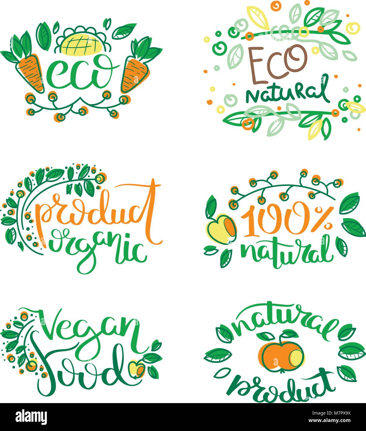 Eco vector organic labels, bio emblems for stickers and restaurants ...