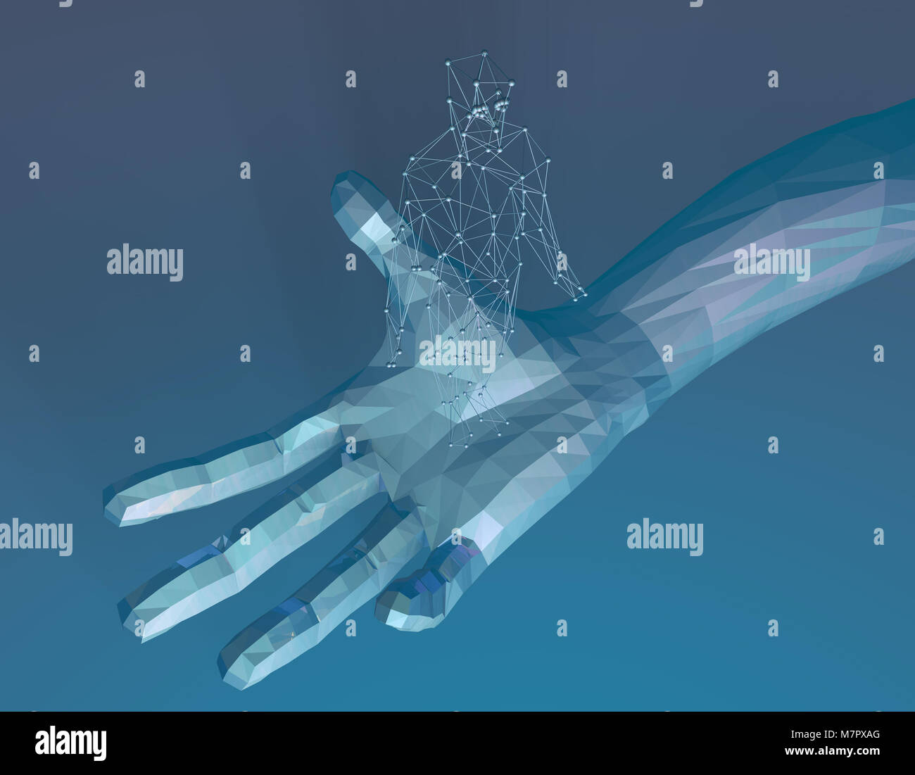 Wireframe in human hands, human technology, control of the future Stock Photo