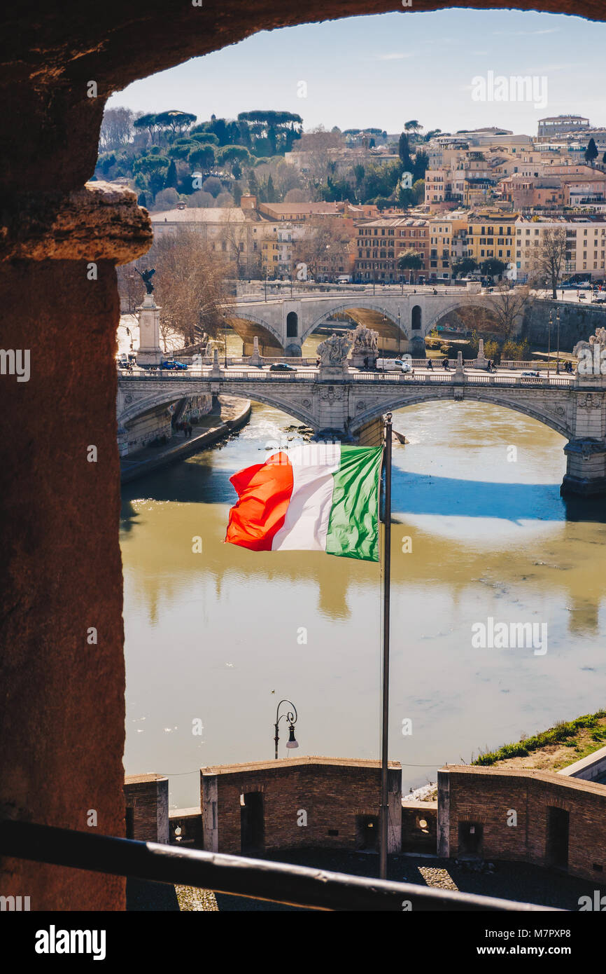 Rome city skyline and Italian Flag, as seen from Saint Angelo Castle in ...