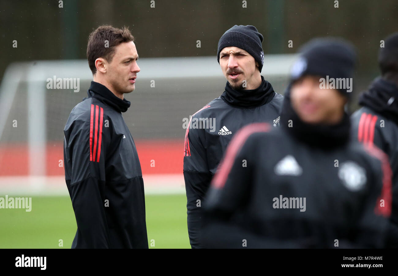 Manchester United's Nemanja Matic (left) and Manchester United's Zlatan Ibrahimovic during the training session at the Aon Training Complex, Carrington. PRESS ASSOCIATION Photo. Picture date: Monday March 12, 2018. See PA story soccer Man Utd. Photo credit should read: Martin Rickett/PA Wire Stock Photo