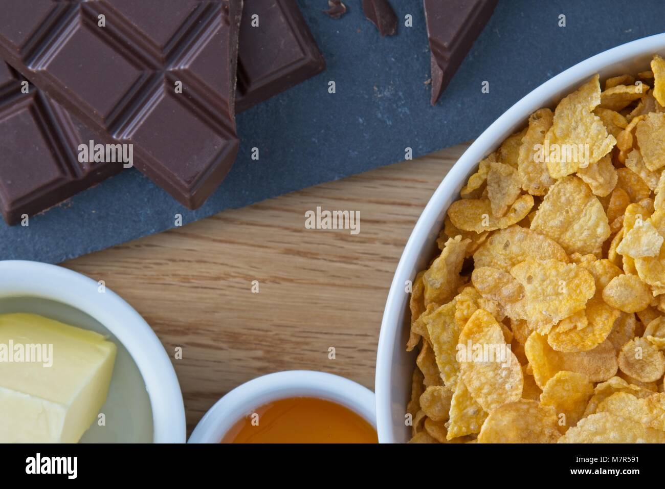 Corn flake cake ingredients overhead view Stock Photo Alamy