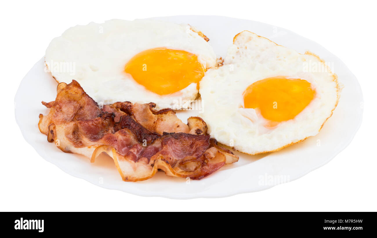 Plate with fried eggs and bacon on white background Stock Photo - Alamy