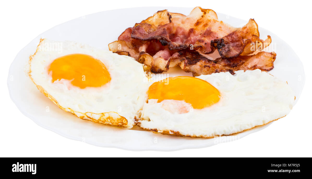 Plate with fried eggs and bacon on white background Stock Photo - Alamy
