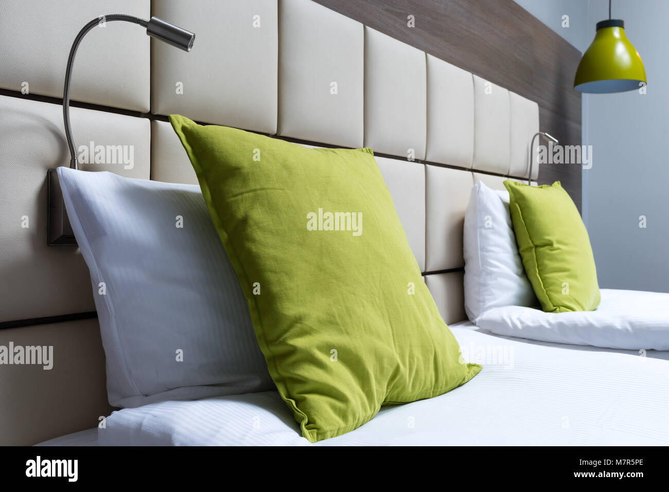 Green Pillow Reading Lamps And Leather Bed Headboard In Modern
