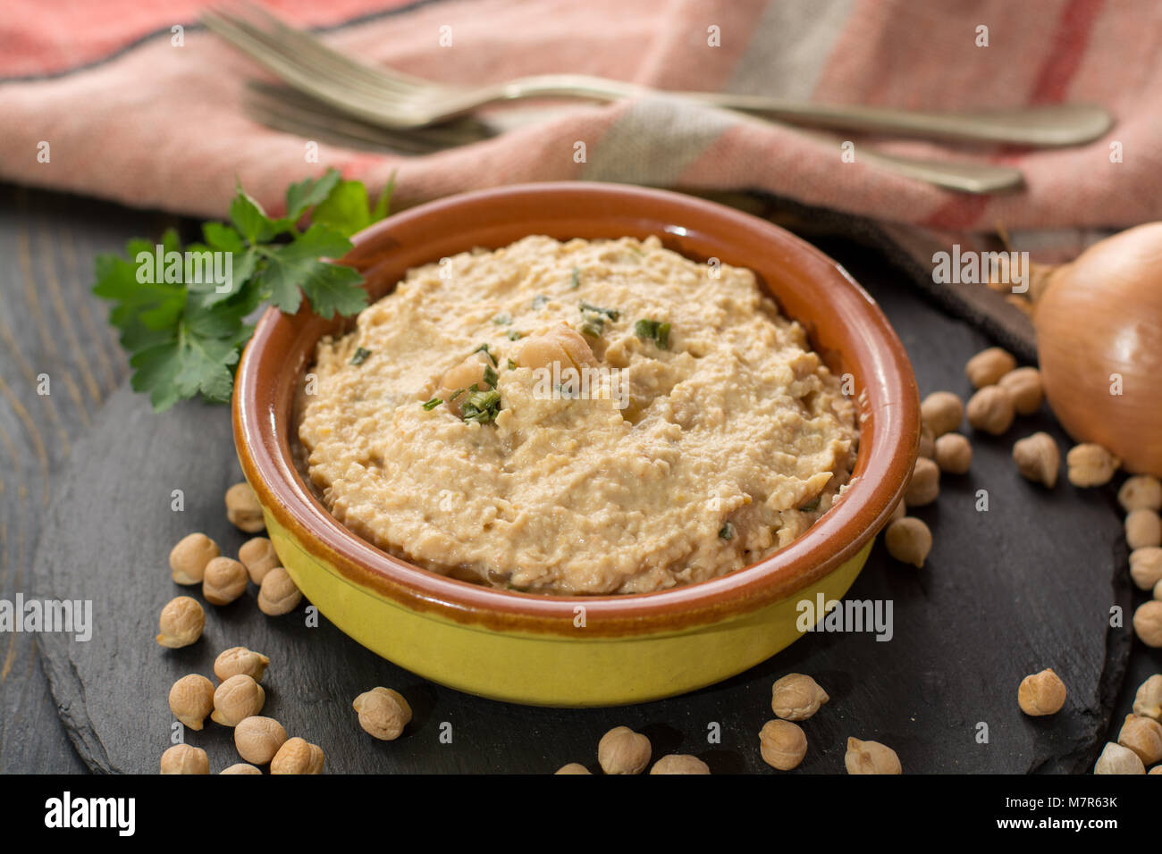 Hummus, dip of spread, everyday meals in Israel made from chickpeas and