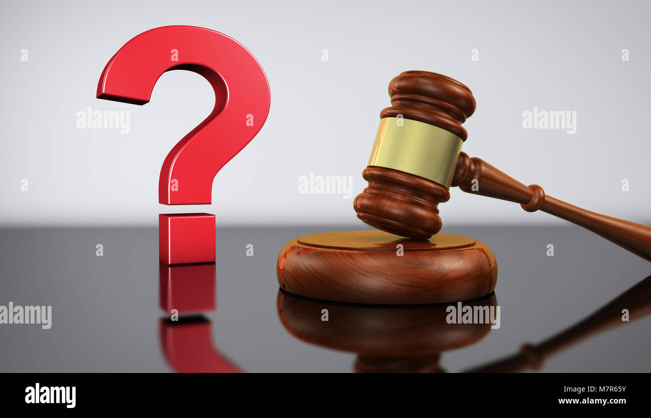 Law and legal questions concept with a red question mark sign and a wooden judge gavel on a desk with grey background 3D illustration. Stock Photo