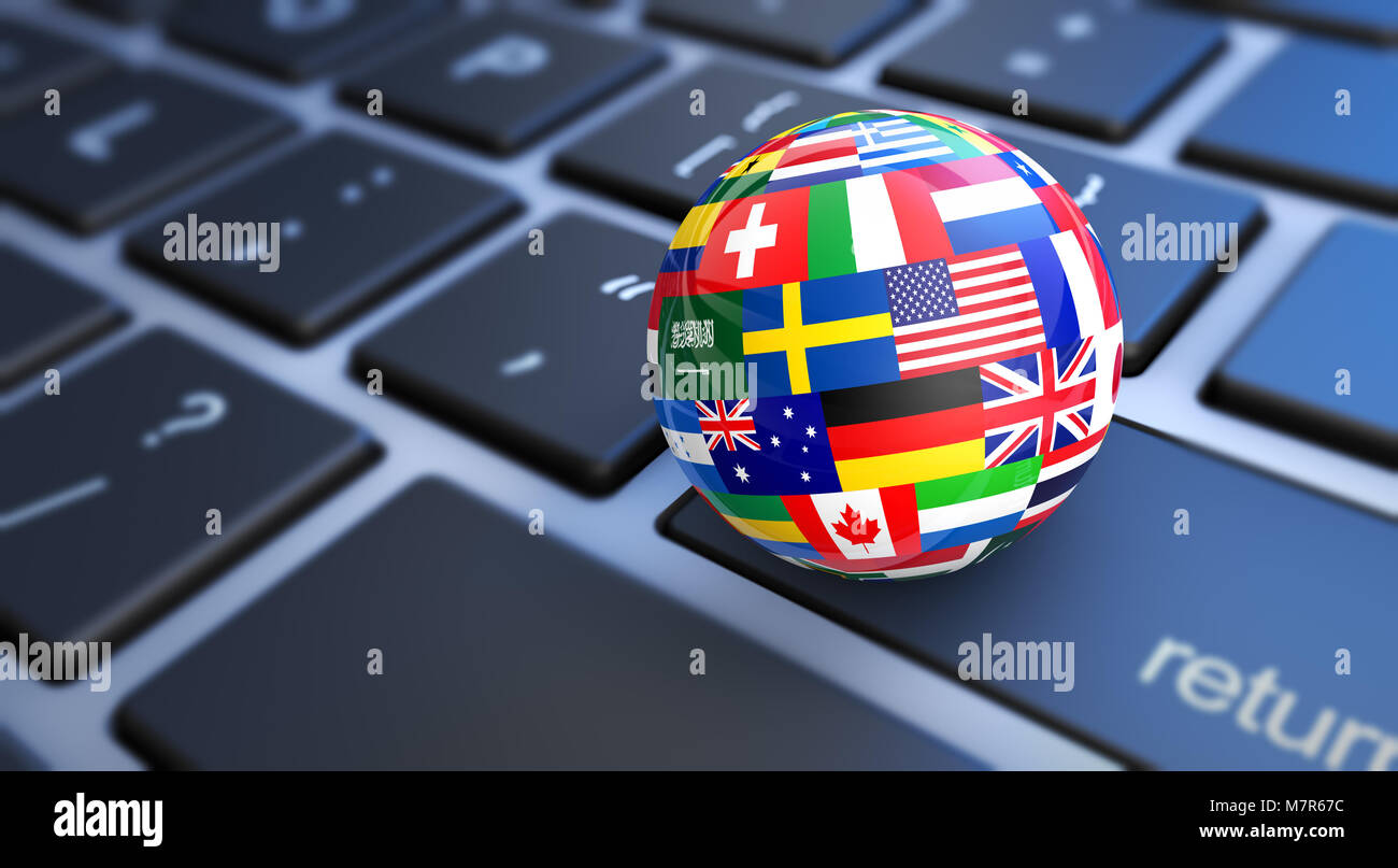 International business concept with a computer keyboard and world flags on a globe 3D illustration. Stock Photo