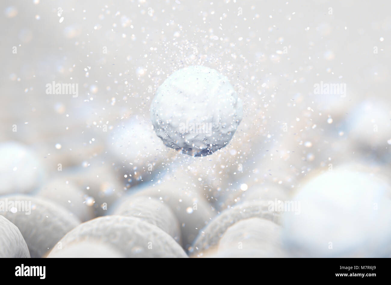 A microscopic close up view of a simple woven textile and a visible white soap detergent powder particle  - 3D render Stock Photo