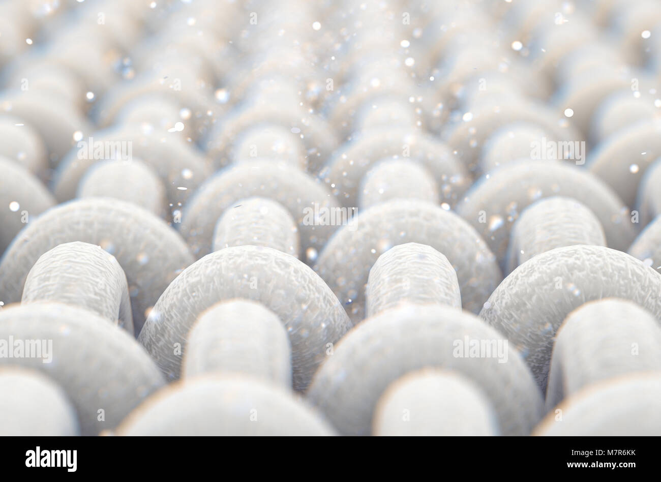 A microscopic close up view of a simple woven textile and visible  airborne dust particles  - 3D render Stock Photo