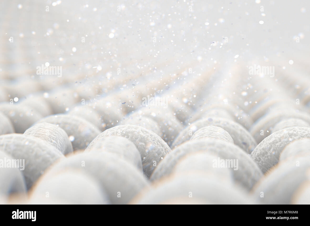 A microscopic close up view of a simple woven textile and visible  airborne dust particles  - 3D render Stock Photo