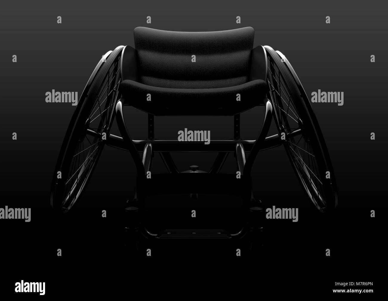 A modified wheelchair used by handicapped athletes to compete in various sporting codes on a moody isolated dark background - 3D render Stock Photo