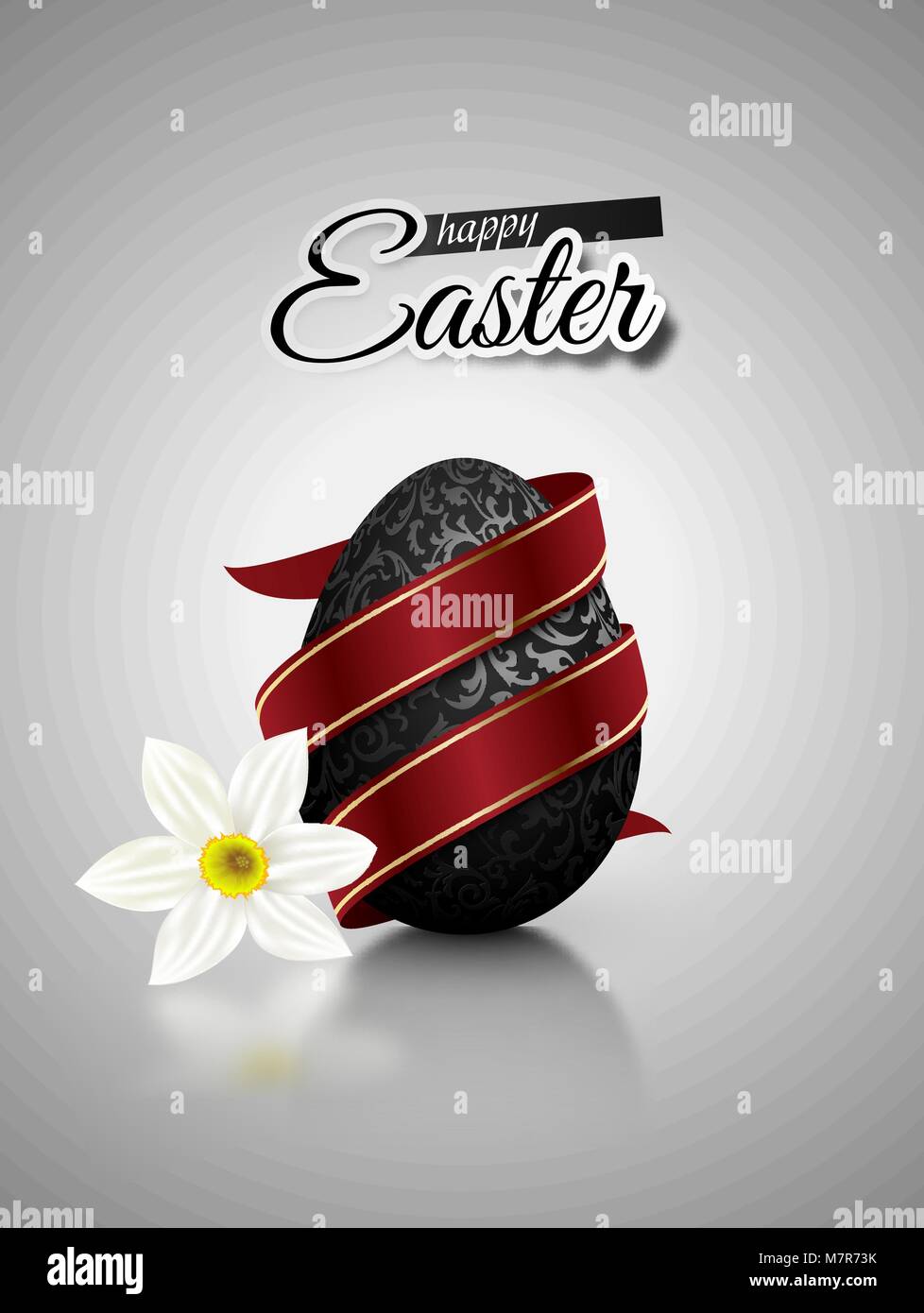 Black mat realistic egg with metallic floral pattern diagonal wrapped red ribbon. Gray background with reflection and white narcissus flower Stock Vector