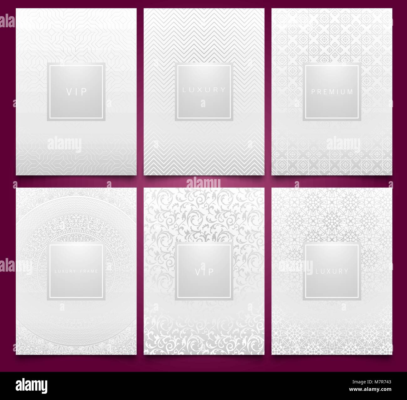 Vector set white packaging templates with silver linear geometric and floral damask pattern texture for luxury product. Trendy design for logo Stock Vector