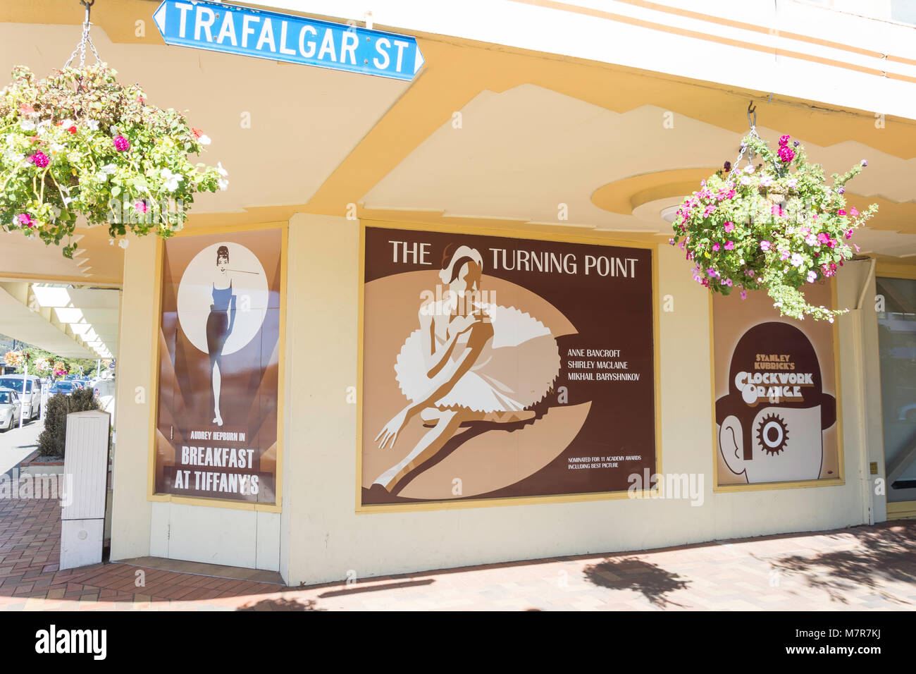 Film posters on Art Deco State Cinema Centre, Trafalgar Street, Nelson, Nelson Region, New Zealand Stock Photo