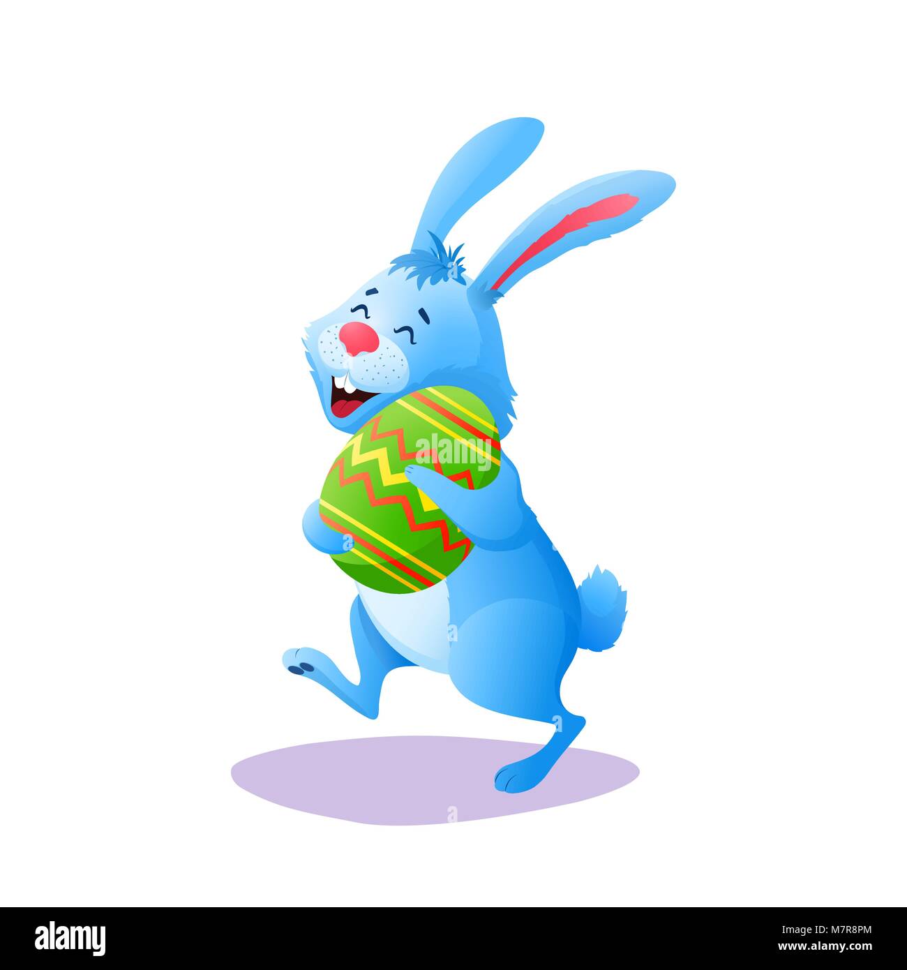 Blue cartoon Easter rabbit running with paschal egg isolated on white ...