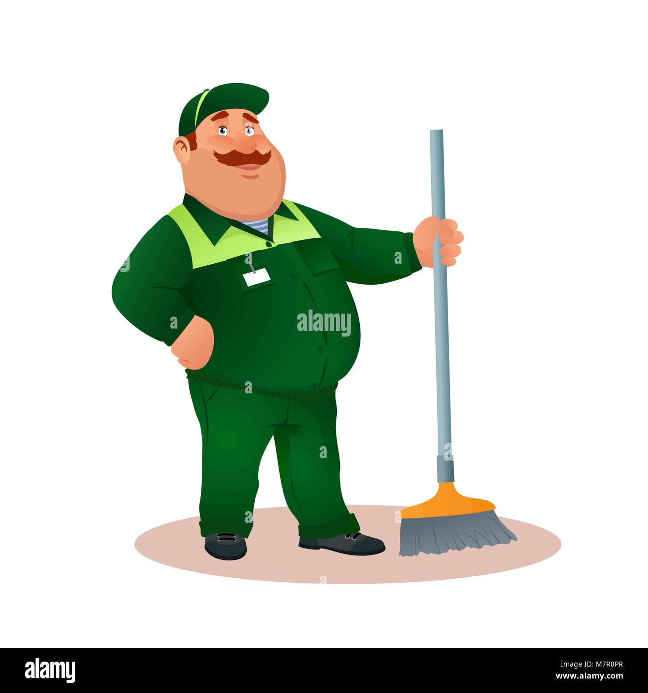 Smiling cartoon janitor with mop. Funny fat character in green suit with broom. Happy flat cleaner in uniform from janitorial service or office cleaning. Colorful vector illustration. Stock Vector