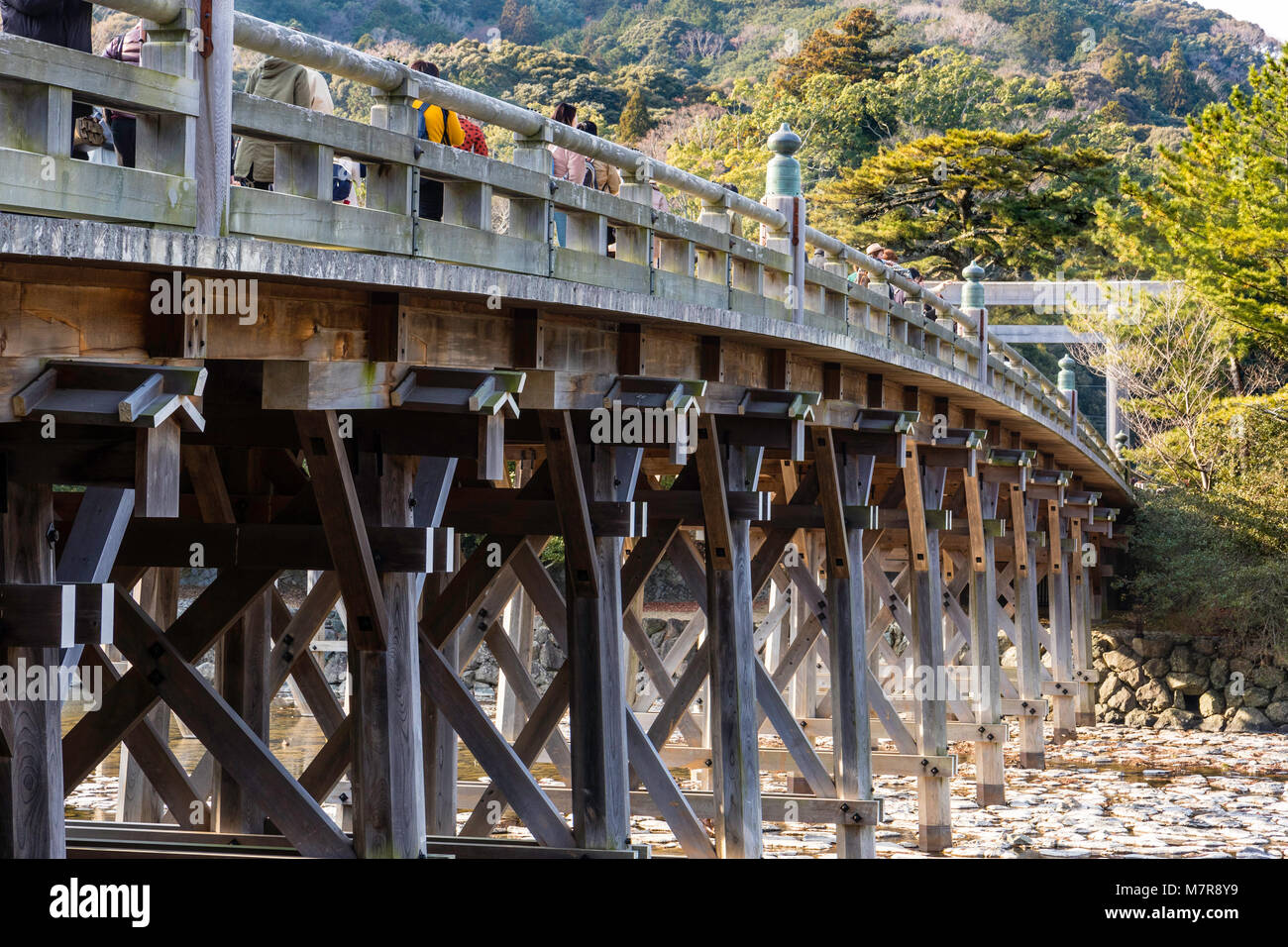 Japan, Ise Grand Shrine, Naiku, inner shrine. Bridge over river connecting Shrine with Oharai-Machi area. Low angle view. People crossing. Stock Photo