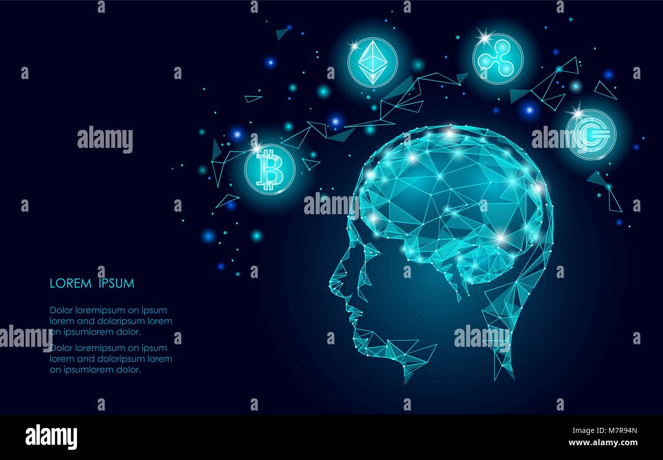 Ethereum Bitcoin Ripple coin digital cryptocurrency human brain artifitial intellegence. Big data information mining technology. Blue abstract web internet electronic payment vector illustration Stock Vector