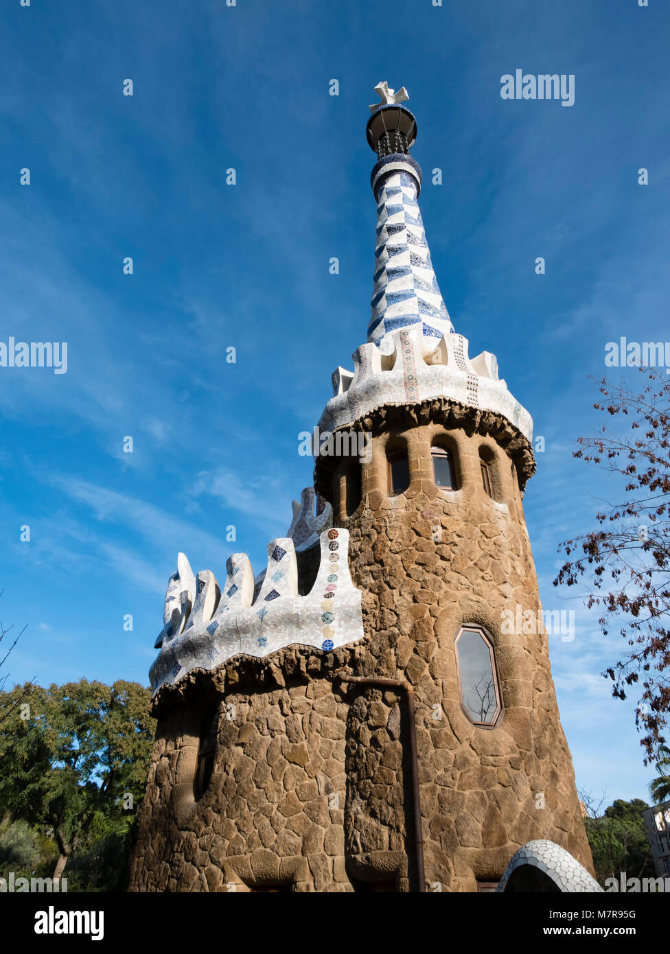Entrance and Porter's Lodge, Park Guell, Barcelona, Catalonia, Spain. Stock Photo